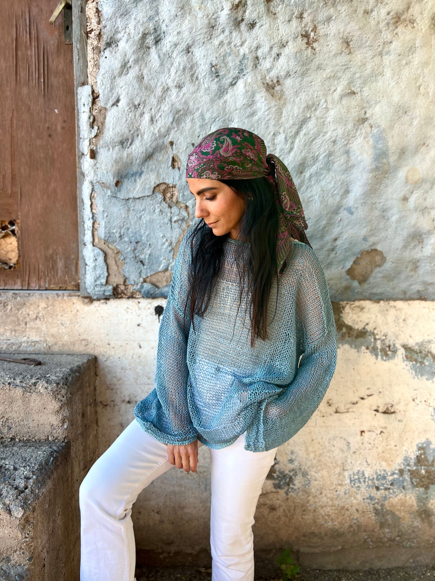 Chaleco Bugambilia Celeste - TEJIDO A MANO 100% LINO