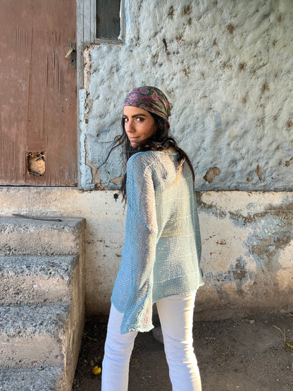 Chaleco Bugambilia Celeste - TEJIDO A MANO 100% LINO