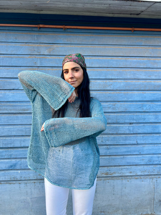 Chaleco Bugambilia Celeste - TEJIDO A MANO 100% LINO
