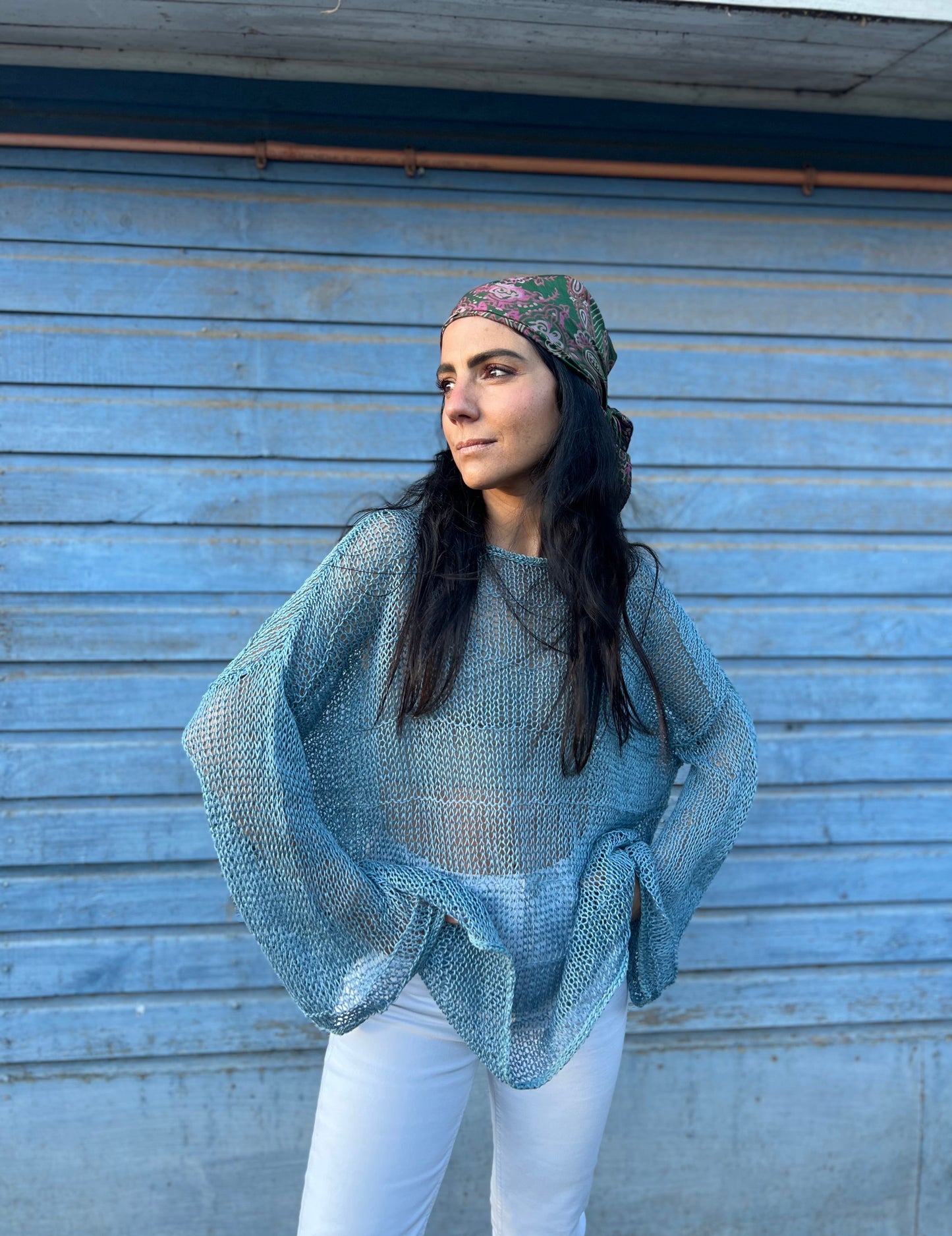 Chaleco Bugambilia Celeste - TEJIDO A MANO 100% LINO